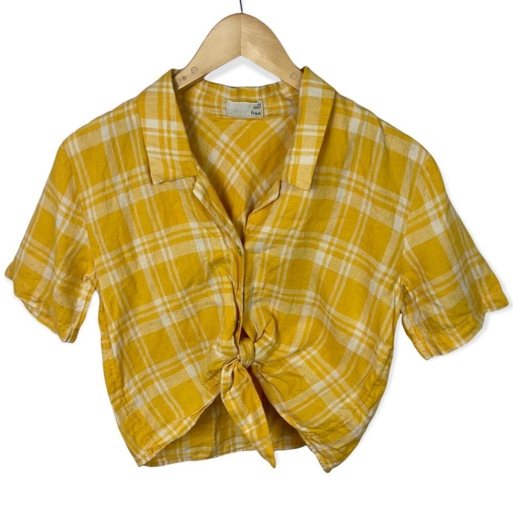 Aritzia Linen Wilfred Free Yellow Plaid Tie Front Short‎ Sleeve Button Down Top - Picture 3 of 10
